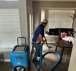Technician feeding an extraction hose across a living room beside a running dehumidifier
