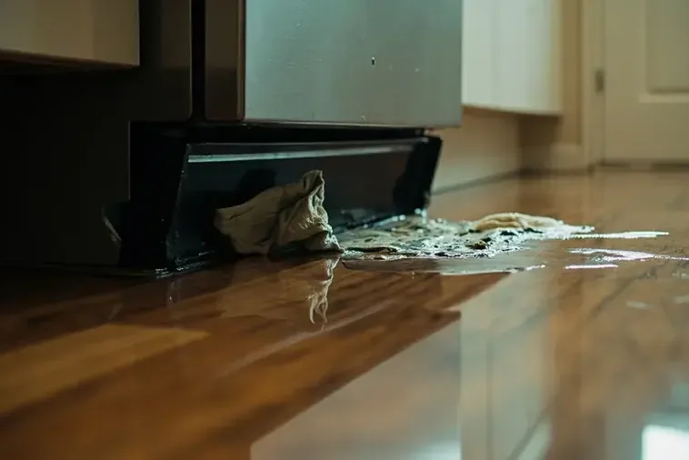 Water running out from under a dishwasher across a wood kitchen floor