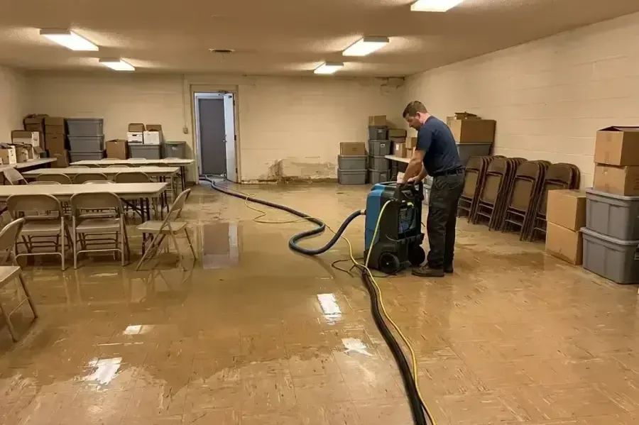 Technician extracting water from the carpet of a large meeting room