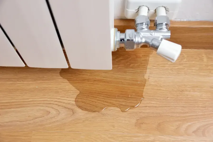 Puddle sitting on wood flooring below a dripping valve