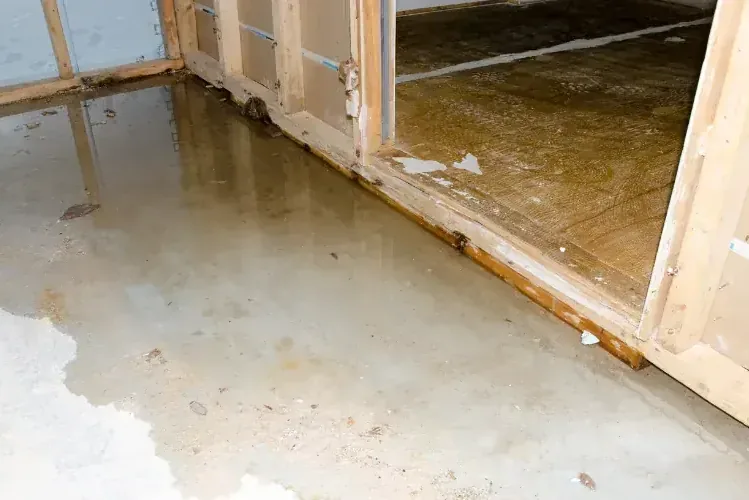 Muddy storm water spread across a room floor after a flash flood