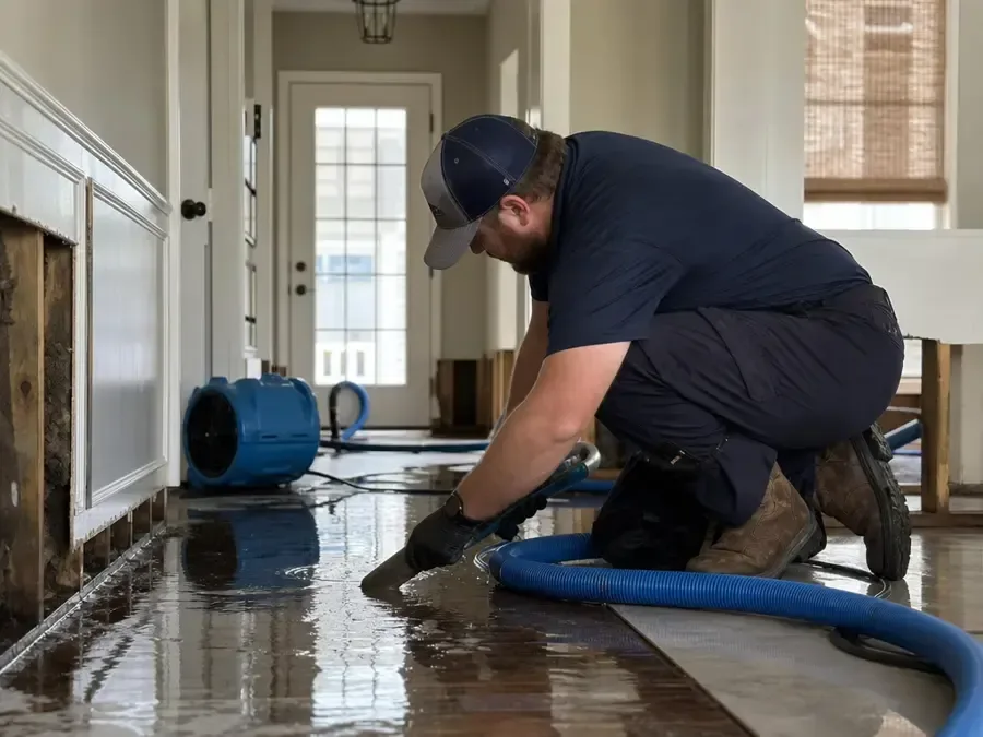 Extraction wand drawing standing water out of wall-to-wall carpet