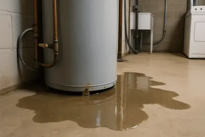 Water spreading over a concrete floor around a leaking tank heater